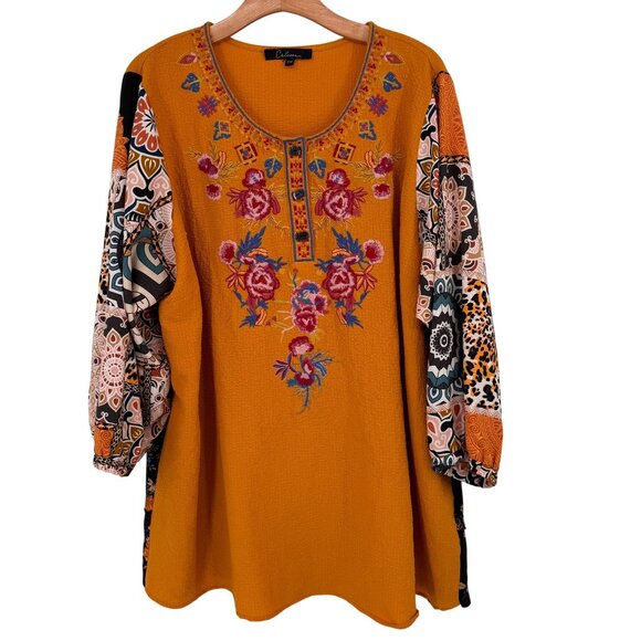 Caleaoa Womens size  2X Floral Embroidered Boho Tunic Top Patterned Panels - Picture 1 of 12